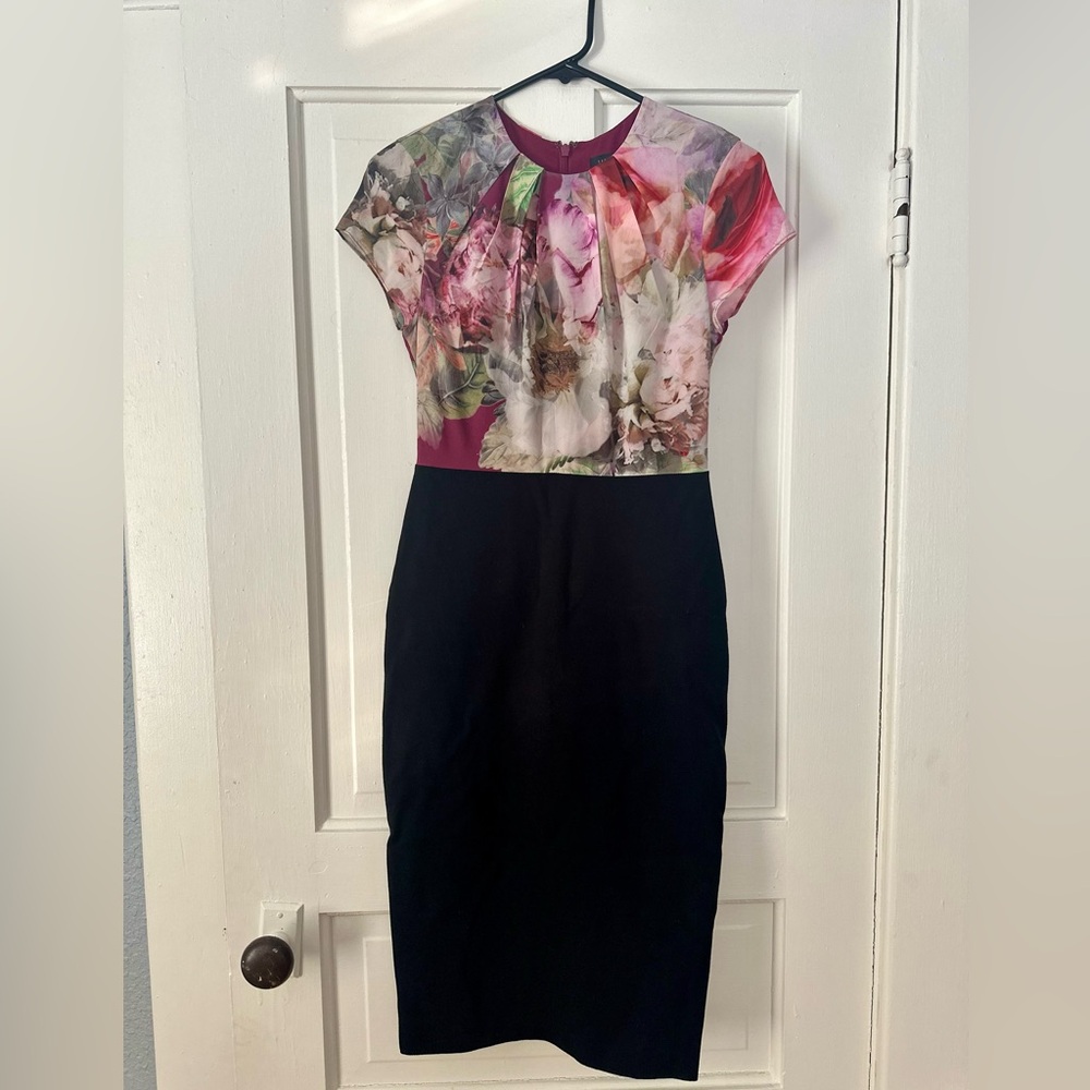 Ted Baker Pink Floral and Black Midi Dress